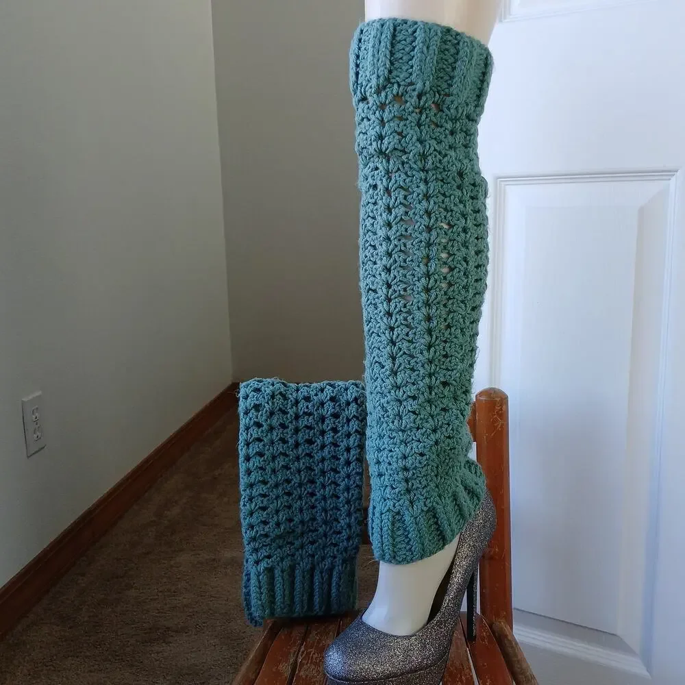 Fern Green Leg Warmers OSFM crochet warm thick chunky over knee dance premade
